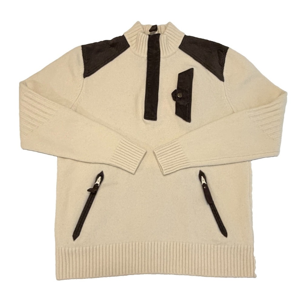 Alps & Meters Men's High West Guide Sweater Ivory Merino Wool Corduroy 1/4 Zip L
